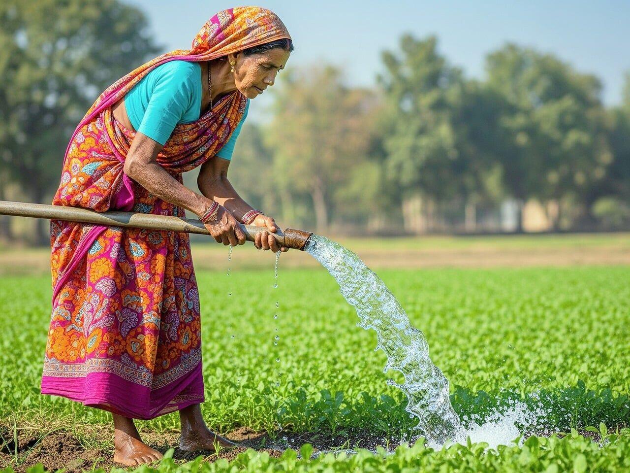 Farmer kneeling over severely cracked dry soil in an arid agricultural field