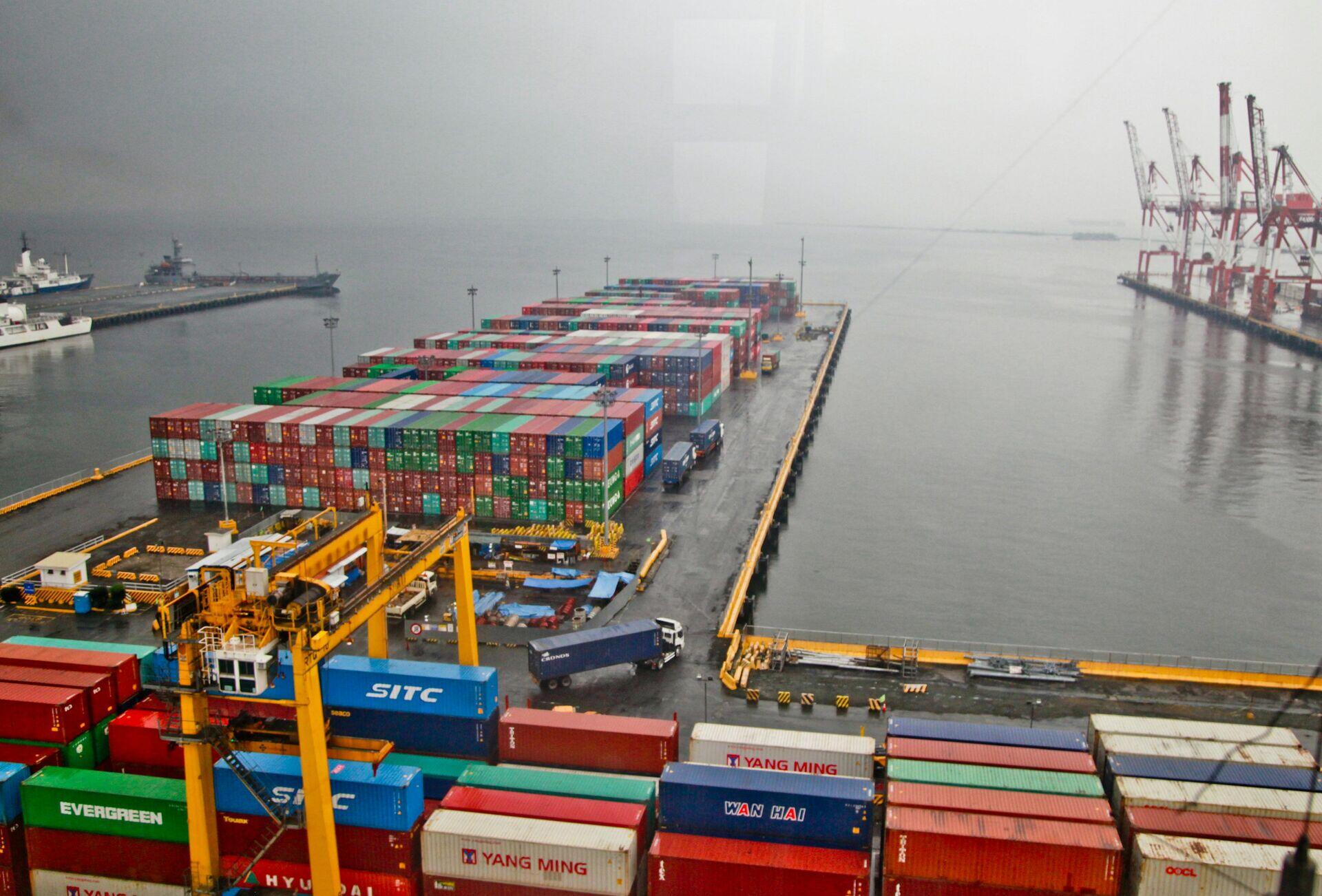 Customs officers in uniform inspecting large shipping containers at a busy seaport