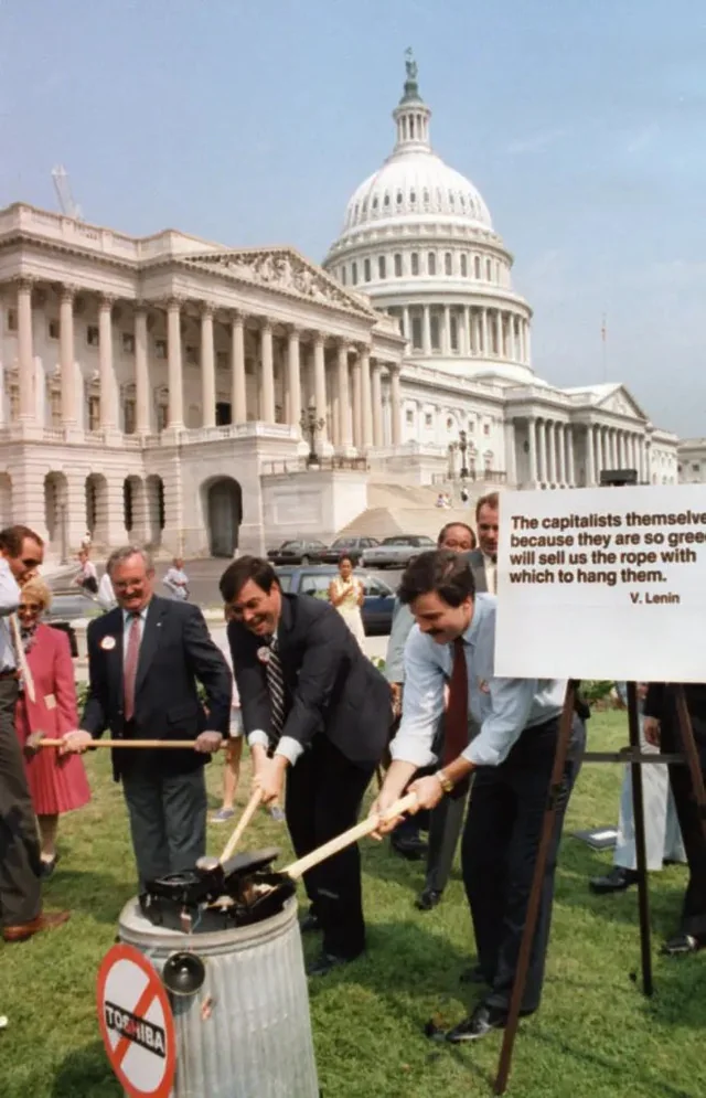 US congressmen smash a Toshiba radio after the 1987 Toshiba–Kongsberg scandal