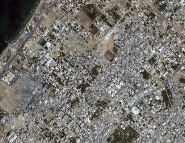 Maxar satellite image of Al Karameh, northern Gaza, 21 October 2023, showing damage to buildings and structures